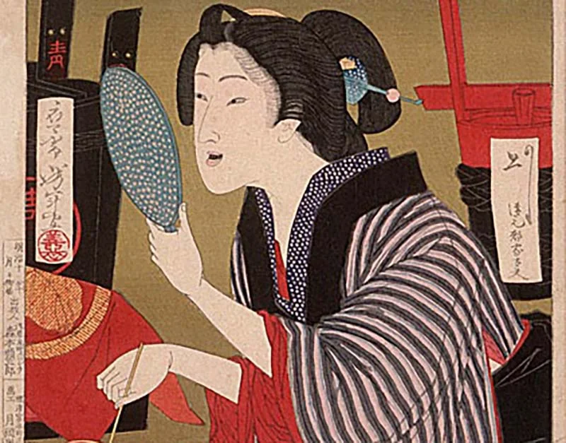 Japanese painting of woman with mirror